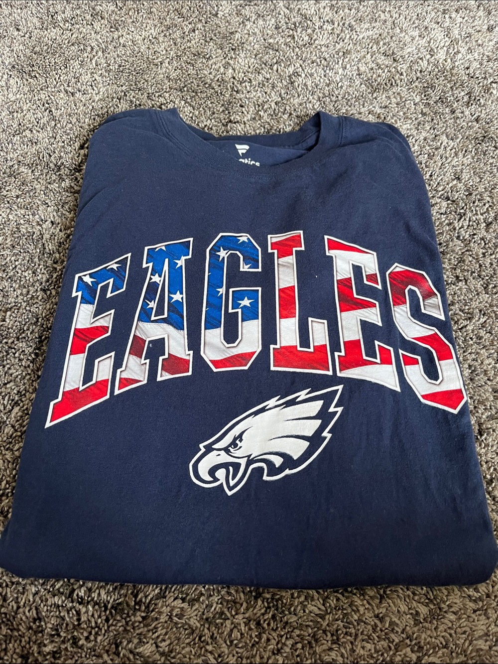 Fanatics Navy Tee with Eagles -Patriotic Red, White & Blue Lettering. Large.